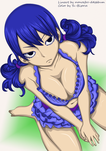 Anime picture 1068x1514 with fairy tail juvia lockser yu-bizarre single long hair tall image light erotic sitting twintails blue hair from above black eyes coloring looking up girl swimsuit