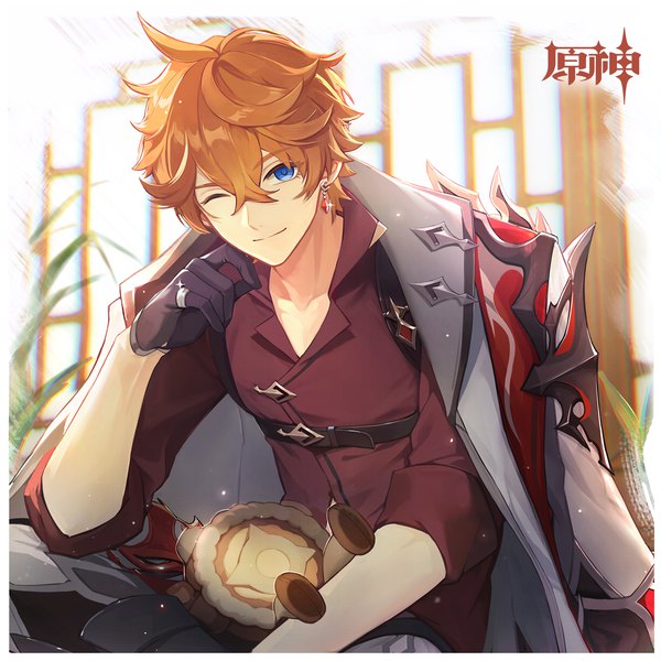Anime picture 3000x3000 with genshin impact tartaglia (genshin impact) ruin guard (genshin impact) single fringe highres short hair hair between eyes sitting one eye closed light smile wink orange hair official art copyright name clothes on shoulders boy gloves earrings black gloves