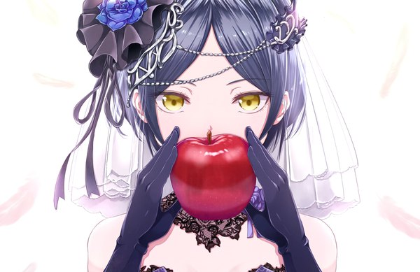 Anime picture 2039x1324 with idolmaster idolmaster cinderella girls hayami kanade migimaki (migi mawashi) single looking at viewer highres short hair black hair simple background white background bare shoulders holding yellow eyes face covered mouth night-colored bride girl gloves hair ornament