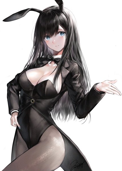 Anime picture 858x1200 with original iori (cpeilad) single long hair tall image looking at viewer blush fringe breasts blue eyes light erotic black hair simple background hair between eyes large breasts standing white background signed animal ears cleavage