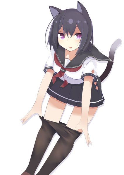 Anime picture 1060x1500 with original benio (dontsugel) single tall image looking at viewer short hair black hair simple background white background purple eyes animal ears cat ears cat girl cat tail undressing girl skirt pantyhose serafuku