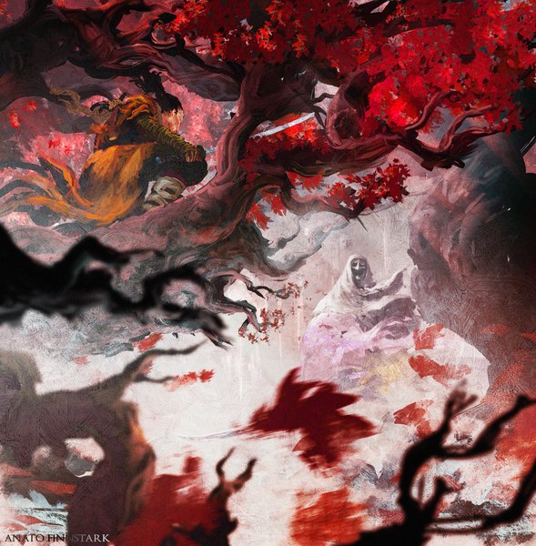 Anime picture 1256x1280 with sekiro: shadows die twice from software sekiro corrupted monk anato finnstark tall image short hair black hair sitting signed ponytail tree sitting girl boy plant (plants) tree (trees)