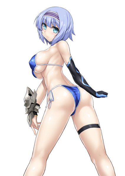 Anime picture 1447x2047 with isekai wa smartphone to tomo ni. linse shileska bnc (bunshi) single tall image short hair breasts blue eyes light erotic simple background large breasts white background looking away purple hair ass looking back sideboob underboob covered nipples girl