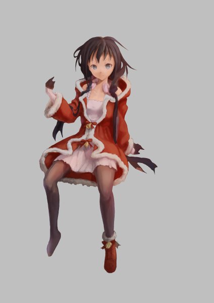 Anime picture 3508x4961 with original wilson zhu single long hair tall image fringe highres black hair simple background smile sitting absurdres braid (braids) grey background grey eyes no shoes fur trim twin braids girl dress