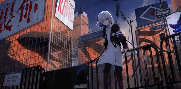 Anime picture 3033x1500 with cevio rime (cevio) nekoreito single fringe highres short hair blue eyes smile hair between eyes wide image standing silver hair outdoors multicolored hair open jacket city colored inner hair girl dress