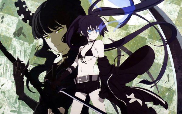Anime picture 2560x1600 with black rock shooter black rock shooter (character) dead master long hair looking at viewer blush highres open mouth blue eyes black hair smile wide image twintails multiple girls green eyes horn (horns) scan official art glowing scar
