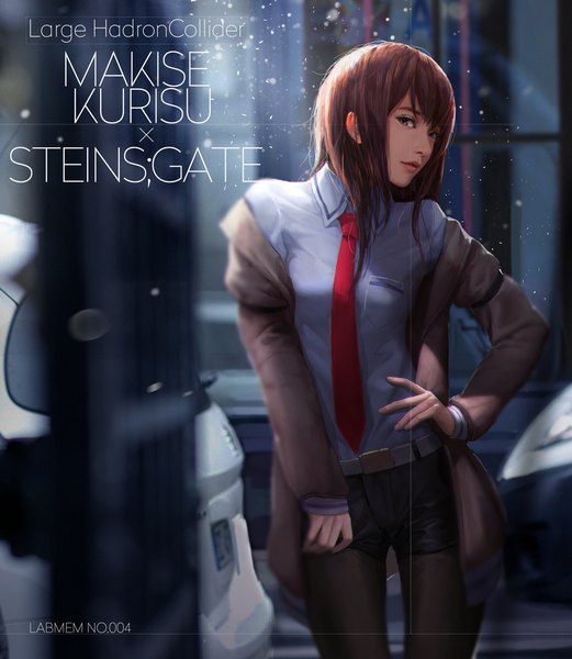 Anime picture 914x1052 with steins;gate white fox makise kurisu lightofheaven single long hair tall image looking at viewer brown hair brown eyes open clothes open jacket hand on hip girl shirt necktie jacket shorts