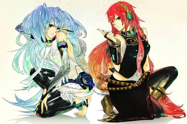 Anime picture 1150x766 with vocaloid vocaloid append hatsune miku megurine luka hatsune miku (append) shinya ten (artist) long hair blue eyes smile bare shoulders multiple girls brown eyes blue hair pink hair nail polish one eye closed barefoot wink girl thighhighs
