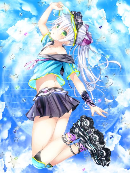 Anime picture 1132x1500 with original morerin single long hair tall image light erotic green eyes sky cloud (clouds) white hair see-through silhouette girl skirt miniskirt star (symbol) flat cap roller skates