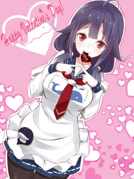 Anime picture 675x900 with kantai collection taigei light aircraft carrier takehana note single long hair tall image looking at viewer blush smile red eyes purple eyes twintails holding ahoge dutch angle mouth hold low twintails pink background valentine fingers together