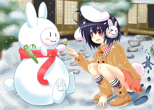 Anime picture 2512x1793 with touhou inaba tewi hidamari (mizuiro yume koubou) single blush highres short hair open mouth black hair red eyes teeth fang (fangs) bunny ears snowing winter snow mask on head girl skirt miniskirt