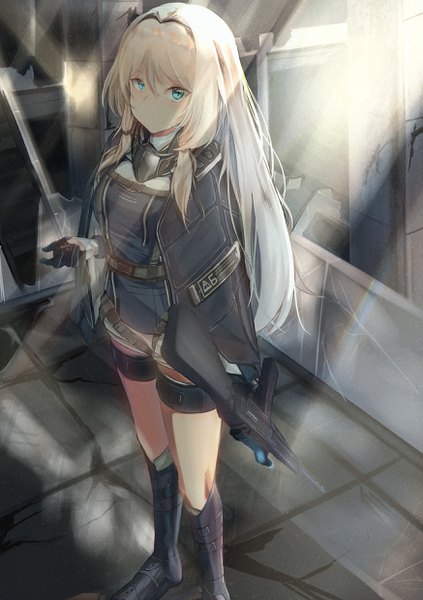 Anime picture 1748x2480 with girls frontline an-94 (girls frontline) septet (zrca janne) single long hair tall image looking at viewer fringe highres blue eyes blonde hair hair between eyes standing holding sunlight clothes on shoulders destruction girl gloves weapon