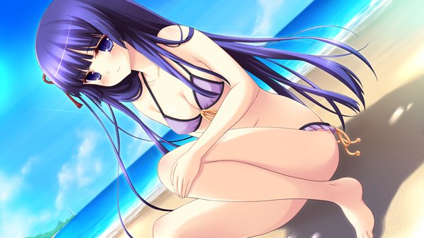 Anime picture 1920x1080 with hyper highspeed genius shiguresato himeno yukiwo long hair blush highres blue eyes light erotic black hair wide image game cg beach girl swimsuit bikini