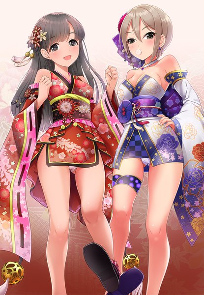 Anime picture 900x1300 with idolmaster idolmaster cinderella girls shiomi shuuko kobayakawa sae kazu long hair tall image blush short hair open mouth light erotic black hair brown hair bare shoulders multiple girls traditional clothes japanese clothes black eyes pantyshot hand on hip