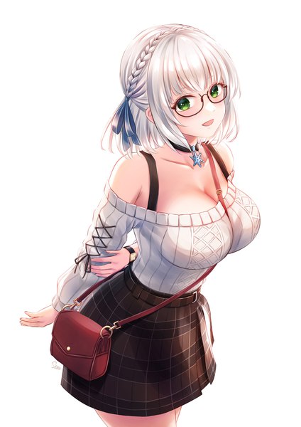 Anime picture 1273x1800 with virtual youtuber hololive shirogane noel shirogane noel (3rd costume) sebu illust single tall image short hair breasts open mouth light erotic simple background large breasts white background green eyes cleavage silver hair braid (braids) :d off shoulder