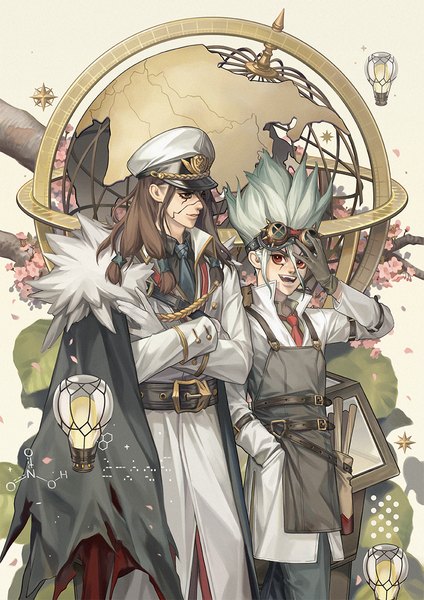 Anime picture 842x1191 with dr. stone ishigami senkuu shishiou tsukasa ly hao nguyen long hair tall image fringe hair between eyes red eyes brown hair brown eyes looking away grey hair multiple boys fur trim scar crossed arms hand in pocket goggles on head spiked hair