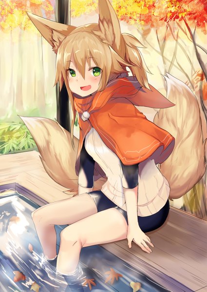 Anime picture 2508x3541 with original kokonoe tsubaki haik single tall image looking at viewer blush fringe highres short hair open mouth blonde hair smile hair between eyes sitting green eyes animal ears bent knee (knees) outdoors ponytail