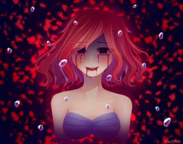 Anime picture 3340x2628 with the little mermaid disney ariel alterka single looking at viewer blush fringe highres short hair breasts open mouth blue eyes smile absurdres red hair blood on face crazy smile dark persona bloody tears