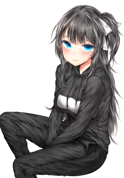 Anime picture 900x1286 with original zerocat single long hair tall image looking at viewer blush blue eyes black hair simple background white background sitting one side up girl ribbon (ribbons) hair ribbon hood hoodie