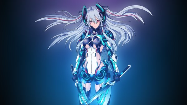 Anime-Bild 3840x2160 mit original assassinwarrior 2d (artist) single long hair looking at viewer blush fringe highres breasts light erotic simple background hair between eyes red eyes wide image large breasts twintails holding absurdres silver hair