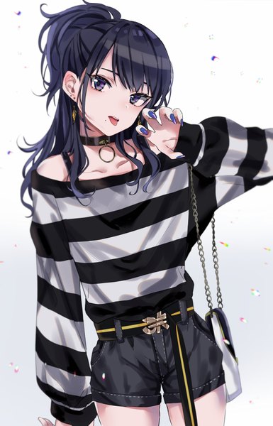 Anime picture 2273x3542 with idolmaster idolmaster shiny colors kazano hiori mek number single long hair tall image looking at viewer fringe highres black hair simple background standing purple eyes payot long sleeves nail polish head tilt arm up fingernails