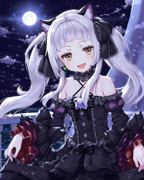 Anime picture 640x800 with virtual youtuber hololive murasaki shion murasaki shion (5th costume) pensuke single long hair tall image looking at viewer blush fringe open mouth smile twintails bare shoulders brown eyes animal ears payot sky silver hair
