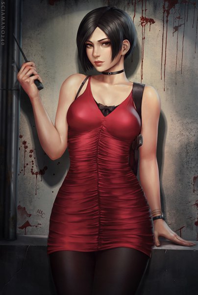 Anime picture 1886x2800 with resident evil ada wong sciamano240 single tall image looking at viewer fringe highres short hair breasts black hair large breasts standing bare shoulders holding brown eyes signed cleavage indoors arm up