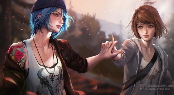 Anime picture 1600x879 with life is strange chloe price max caulfield sakimichan fringe short hair blue eyes smile brown hair wide image multiple girls green eyes signed blue hair outdoors parted lips head tilt wind lips blurry