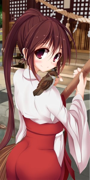 Anime picture 1653x3306 with sukage long hair tall image blush smile red eyes brown hair ponytail traditional clothes japanese clothes miko girl animal bird (birds) hakama