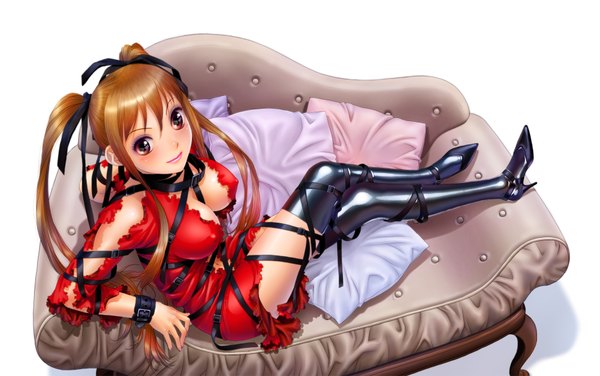 Anime picture 1900x1192 with original toshiki yui single long hair highres breasts light erotic simple background red eyes brown hair white background twintails legs girl thighhighs ribbon (ribbons) black thighhighs hair ribbon pillow couch