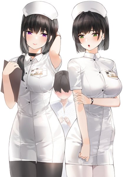 Anime picture 853x1225 with original kfr long hair tall image looking at viewer fringe short hair breasts open mouth simple background smile hair between eyes white background multiple girls holding arm up :o short sleeves black background arm behind head
