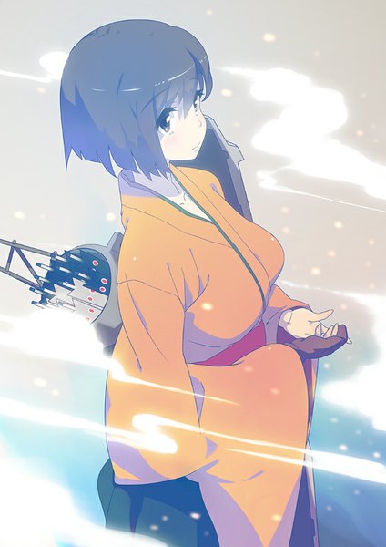 Anime picture 566x800 with kantai collection hiryuu aircraft carrier sohin single tall image looking at viewer fringe short hair black hair traditional clothes japanese clothes from above black eyes girl kimono arrow (arrows)