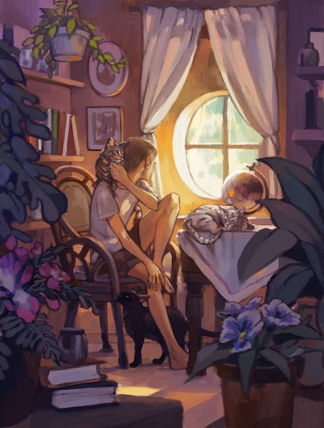 Anime picture 750x990 with original iya-chen single tall image short hair brown hair sitting looking away indoors sunlight boy flower (flowers) plant (plants) animal window book (books) curtains cat chair table