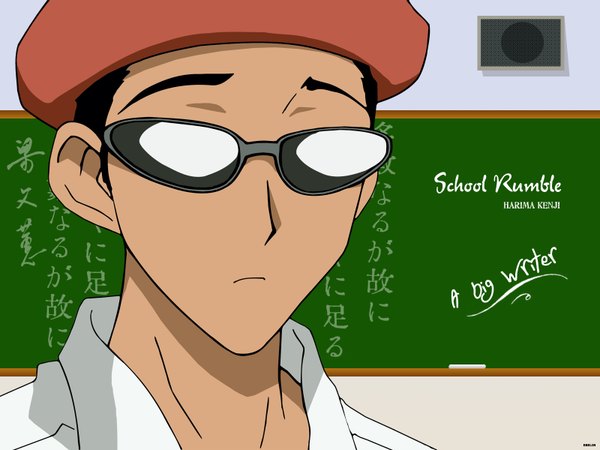 Anime picture 1600x1200 with school rumble harima kenji single looking at viewer short hair black hair copyright name close-up vector boy beret sunglasses blackboard