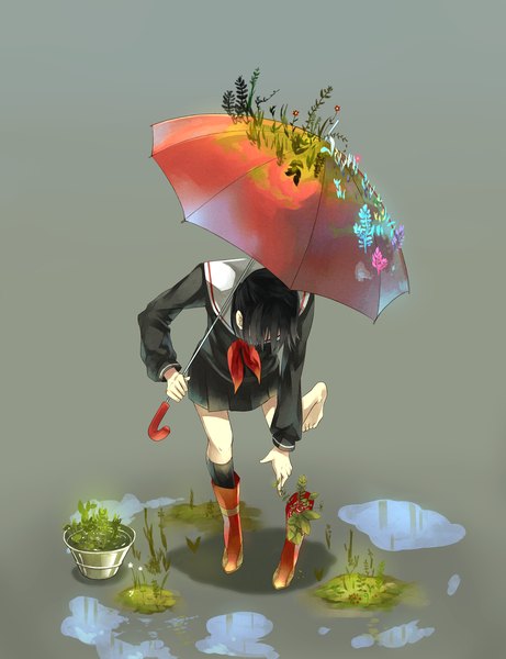 Anime picture 3000x3900 with original tomaeda (bravered) single tall image highres short hair black hair girl plant (plants) water serafuku umbrella rubber boots
