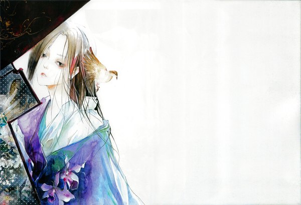 Anime picture 2000x1366 with original anemone - eno. color works artbook eno (artist) single long hair highres open mouth simple background brown hair white background traditional clothes scan grey eyes eyeshadow traditional media watercolor (medium) girl flower (flowers) animal bird (birds)
