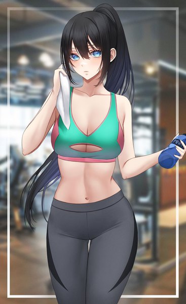 Anime picture 2500x4084 with original ame 816 single long hair tall image looking at viewer fringe highres breasts blue eyes light erotic black hair hair between eyes large breasts standing bare shoulders holding payot cleavage ponytail