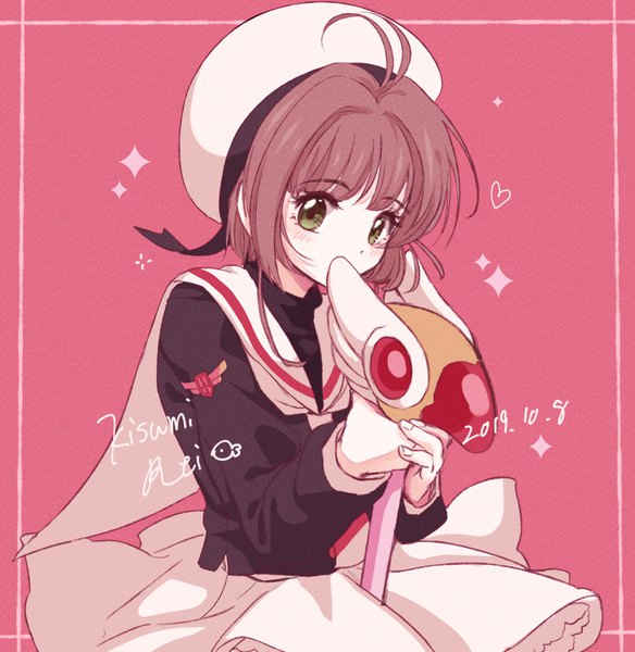 Anime picture 1168x1200 with card captor sakura clamp kinomoto sakura kisumi rei single tall image short hair simple background brown hair green eyes signed upper body ahoge dated pink background framed covered mouth girl skirt uniform