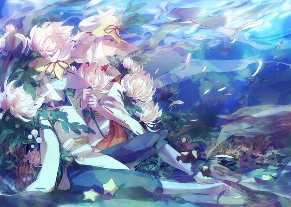Anime picture 1050x750 with original shako (artist) barefoot underwater girl boy flower (flowers) plant (plants) hat detached sleeves water fish (fishes)