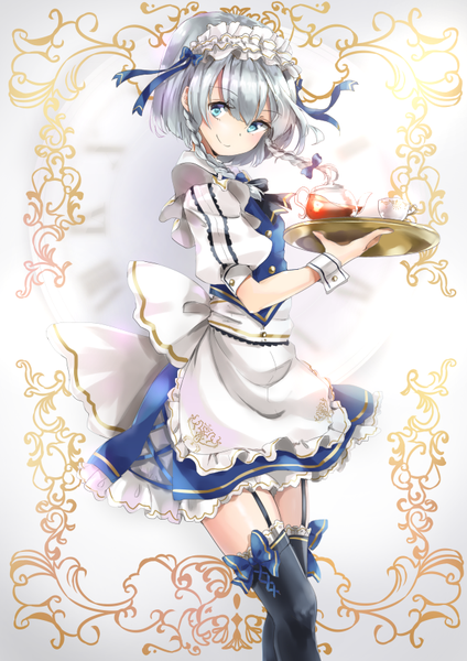 Anime picture 608x860 with touhou izayoi sakuya shironeko yuuki single tall image looking at viewer fringe short hair blue eyes smile hair between eyes holding silver hair braid (braids) head tilt short sleeves maid zettai ryouiki puffy sleeves twin braids