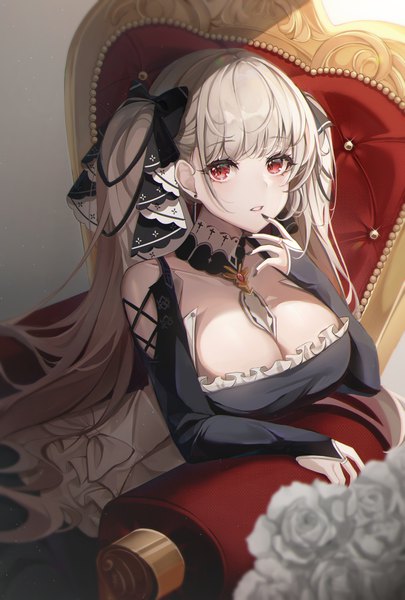 Anime picture 2994x4438 with azur lane formidable (azur lane) yulha 06 single long hair tall image looking at viewer blush fringe highres breasts light erotic red eyes large breasts sitting twintails cleavage blunt bangs nail polish parted lips