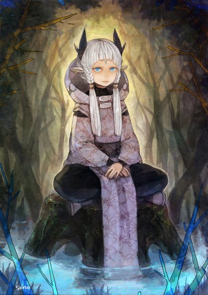 Anime picture 1500x2122 with original sono (pixiv) long hair tall image blue eyes sitting animal ears white hair horn (horns) androgynous plant (plants) earrings tree (trees) water jewelry stump