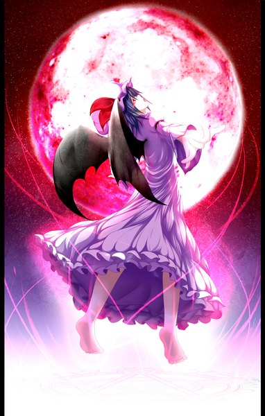 Anime picture 1510x2366 with touhou remilia scarlet maeda kousuke single tall image short hair red eyes blue hair bat wings red moon girl dress wings bonnet