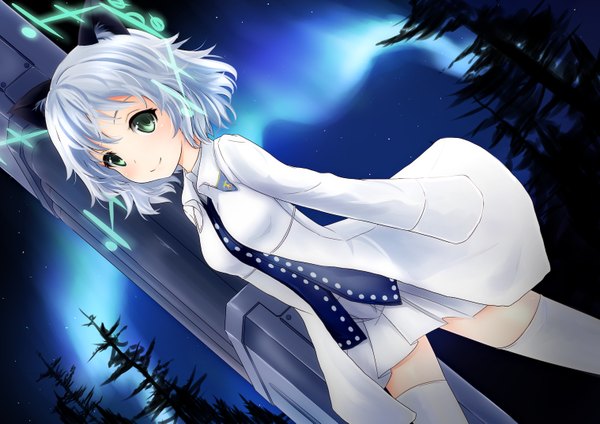 Anime picture 1518x1075 with strike witches sanya v. litvyak mitsukii single short hair green eyes animal ears white hair night girl thighhighs plant (plants) white thighhighs tree (trees) labcoat