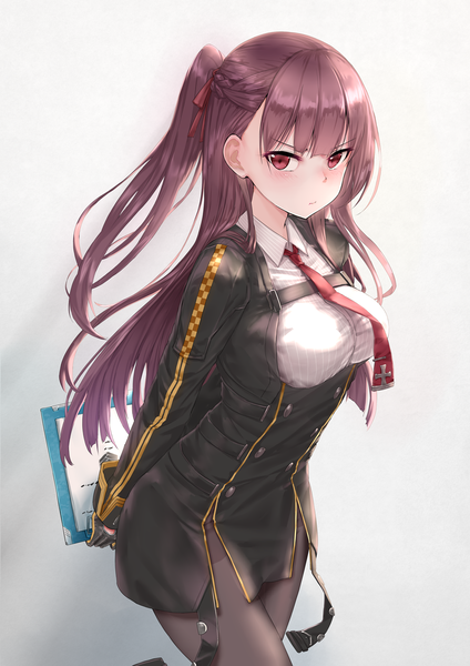 Anime-Bild 900x1273 mit girls frontline wa2000 (girls frontline) kachayori single long hair tall image looking at viewer blush fringe breasts simple background red eyes standing holding purple hair blunt bangs one side up gradient background hands behind back double buttons