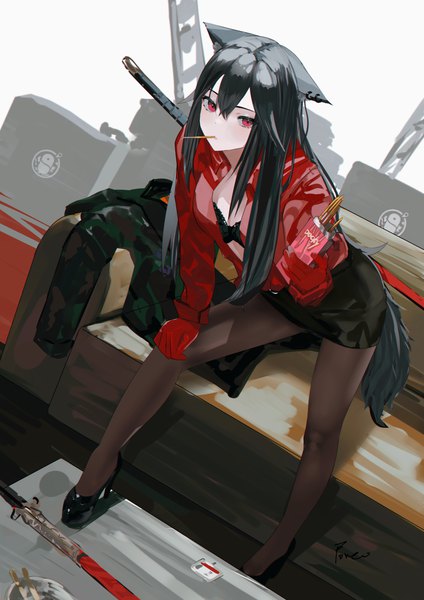 Anime picture 4960x7015 with arknights texas (arknights) texas (willpower) (arknights) yougashi single long hair tall image highres light erotic black hair red eyes holding signed animal ears absurdres full body tail long sleeves animal tail open clothes