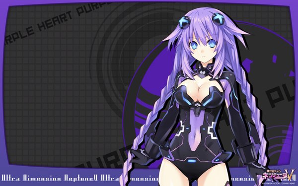 Anime picture 1920x1200 with choujigen game neptune hyperdimension neptunia mk2 kami jigen game neptune v purple heart single looking at viewer highres breasts blue eyes light erotic wide image large breasts cleavage purple hair braid (braids) very long hair girl bodysuit