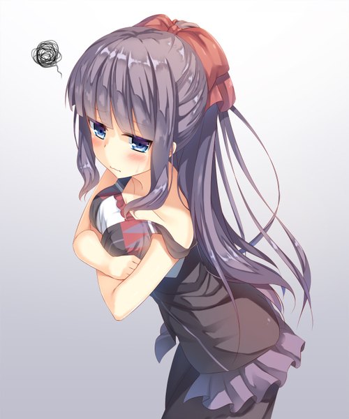 Anime picture 1250x1500 with new game! doga kobo takimoto hifumi olive (laai) single long hair tall image looking at viewer blush fringe breasts blue eyes simple background purple hair ponytail blunt bangs sweat leaning embarrassed leaning forward