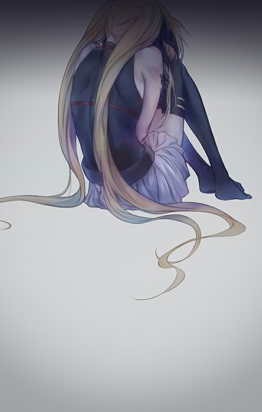 Anime picture 638x1000 with mahou shoujo lyrical nanoha fate testarossa azmodan single long hair tall image blonde hair simple background sitting twintails bare shoulders grey background back crossed arms sad girl thighhighs skirt hair ornament ribbon (ribbons)