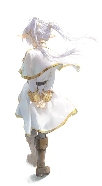 Anime picture 1700x3088 with sousou no frieren frieren dino (dinoartforame) single long hair tall image simple background white background twintails silver hair full body pointy ears from behind hands behind back elf girl knee boots